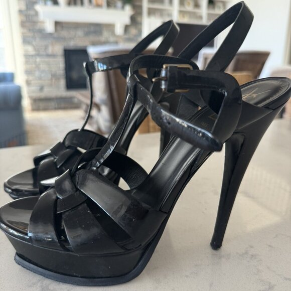 Yves Saint Laurent YSL Tribute Platform Sandals 40.5 Black Patent - Picture 1 of 10